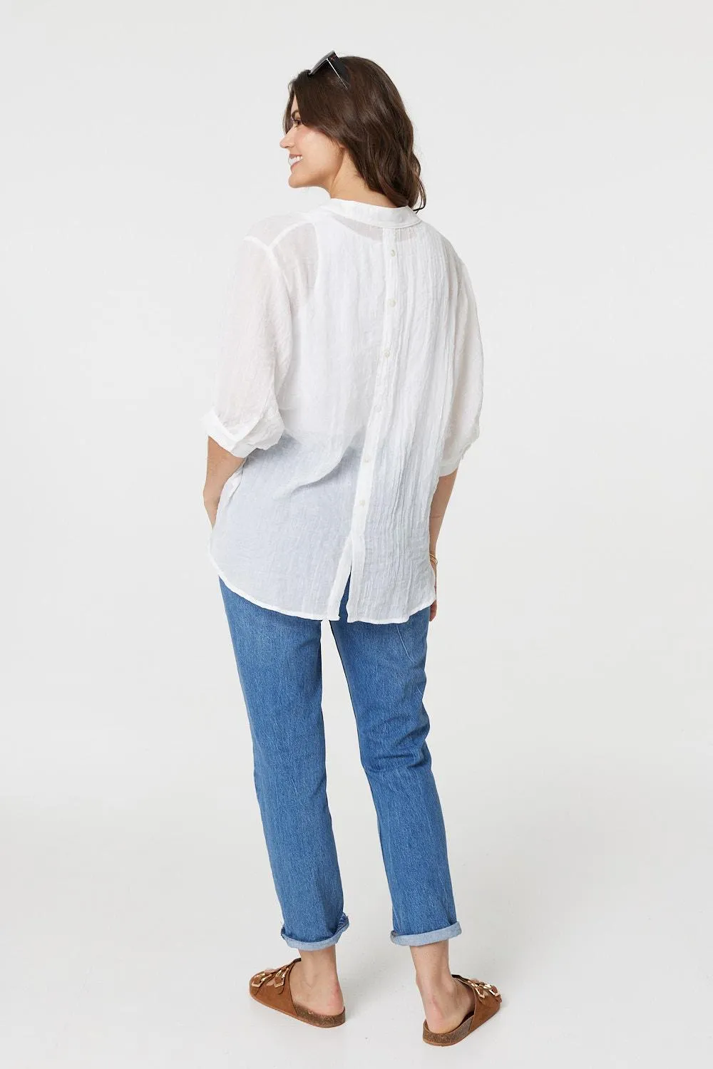 Collarless Button Back 3/4 Sleeve Blouse