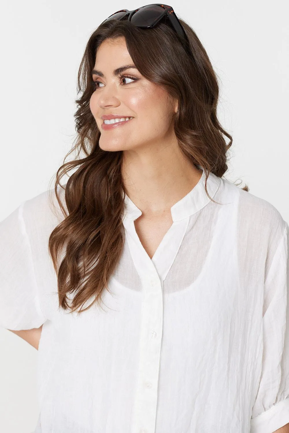 Collarless Button Back 3/4 Sleeve Blouse