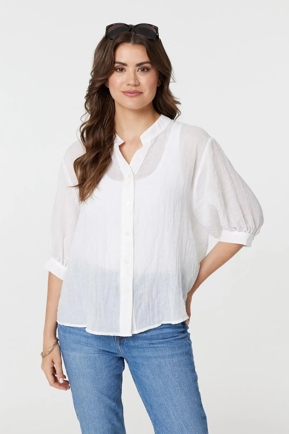 Collarless Button Back 3/4 Sleeve Blouse