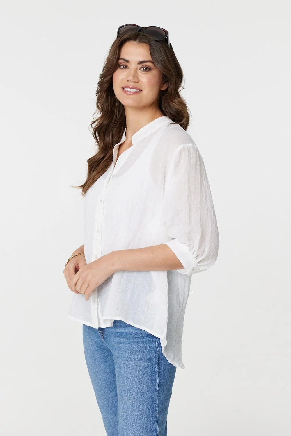 Collarless Button Back 3/4 Sleeve Blouse