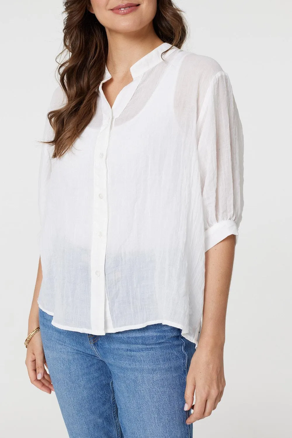 Collarless Button Back 3/4 Sleeve Blouse