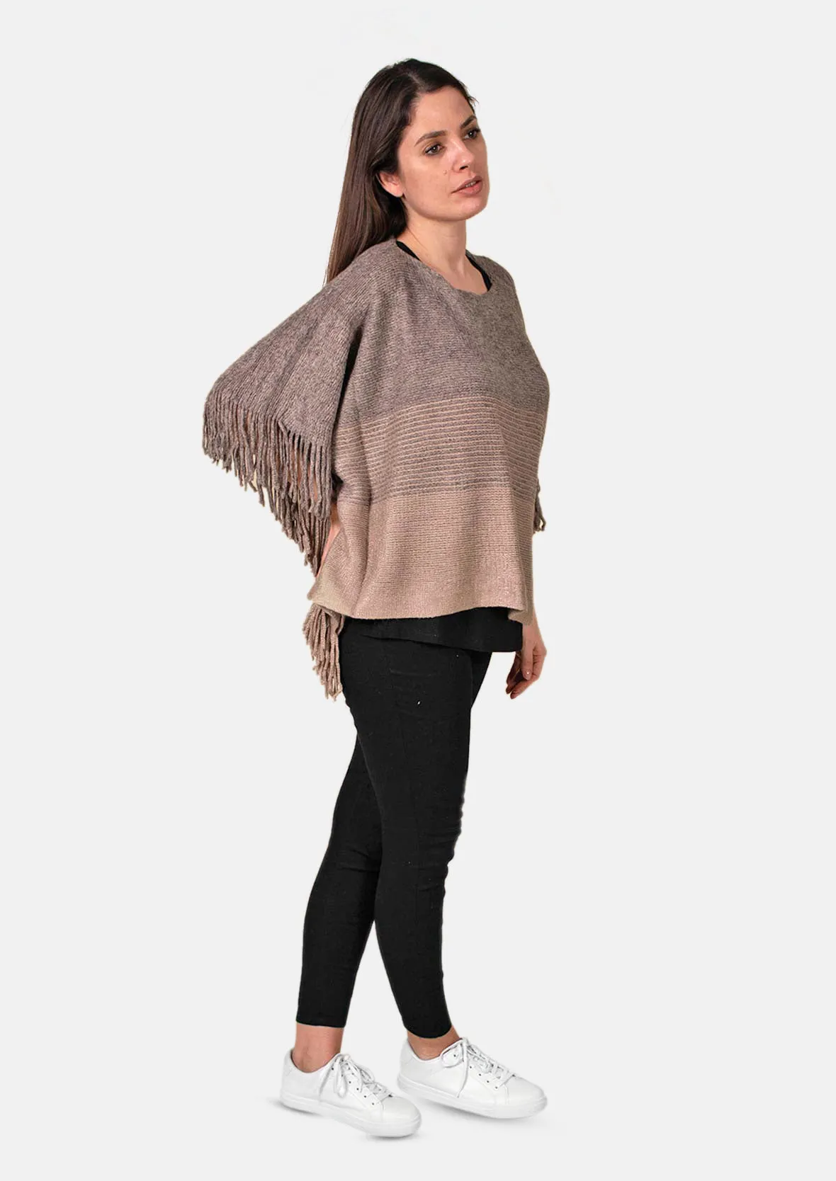 Colourblock Poncho With Fringe Trim