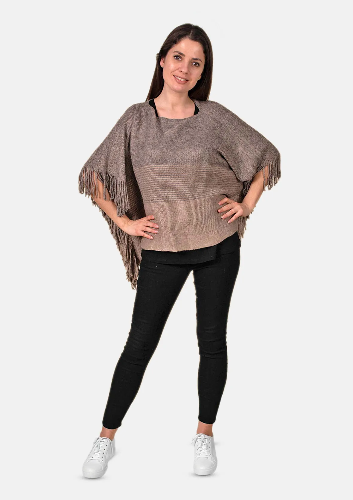 Colourblock Poncho With Fringe Trim