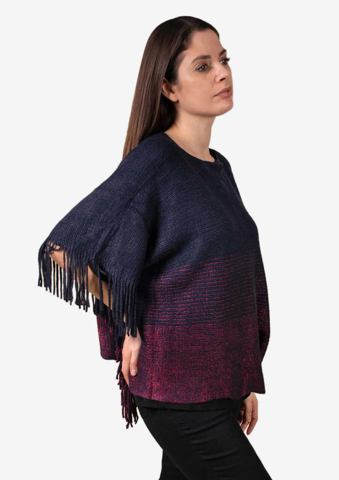 Colourblock Poncho With Fringe Trim