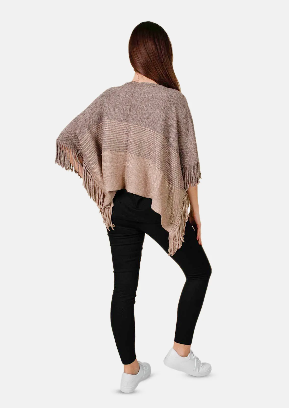 Colourblock Poncho With Fringe Trim