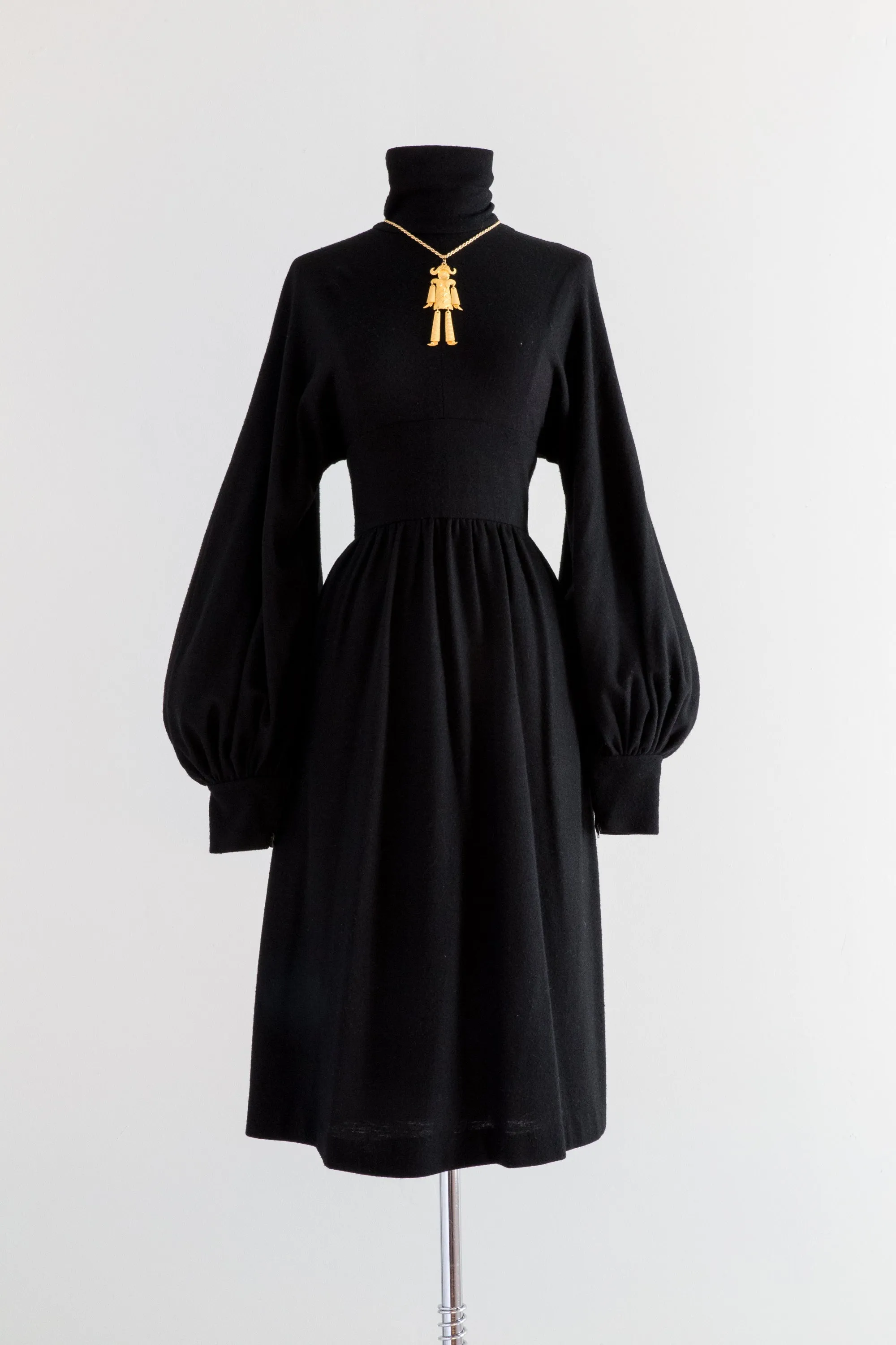 Copy of Wicked 1970's Black Wool Jersey Dress With Bishop Sleeves  / S-M