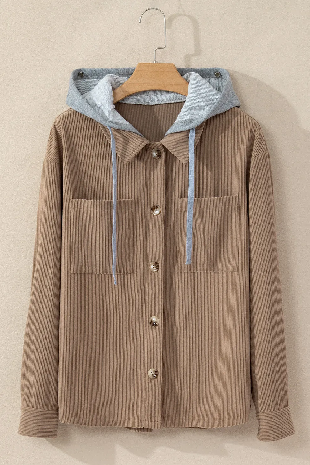 Corduroy Drawstring Hooded Shacket