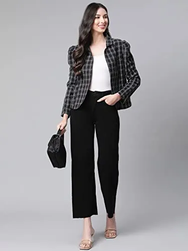 Cottinfab Women Black White Pure Cotton Checked Tailored Jacket