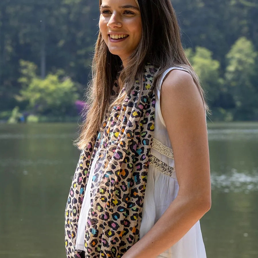 Cotton neon mix animal print and pink tassel scarf