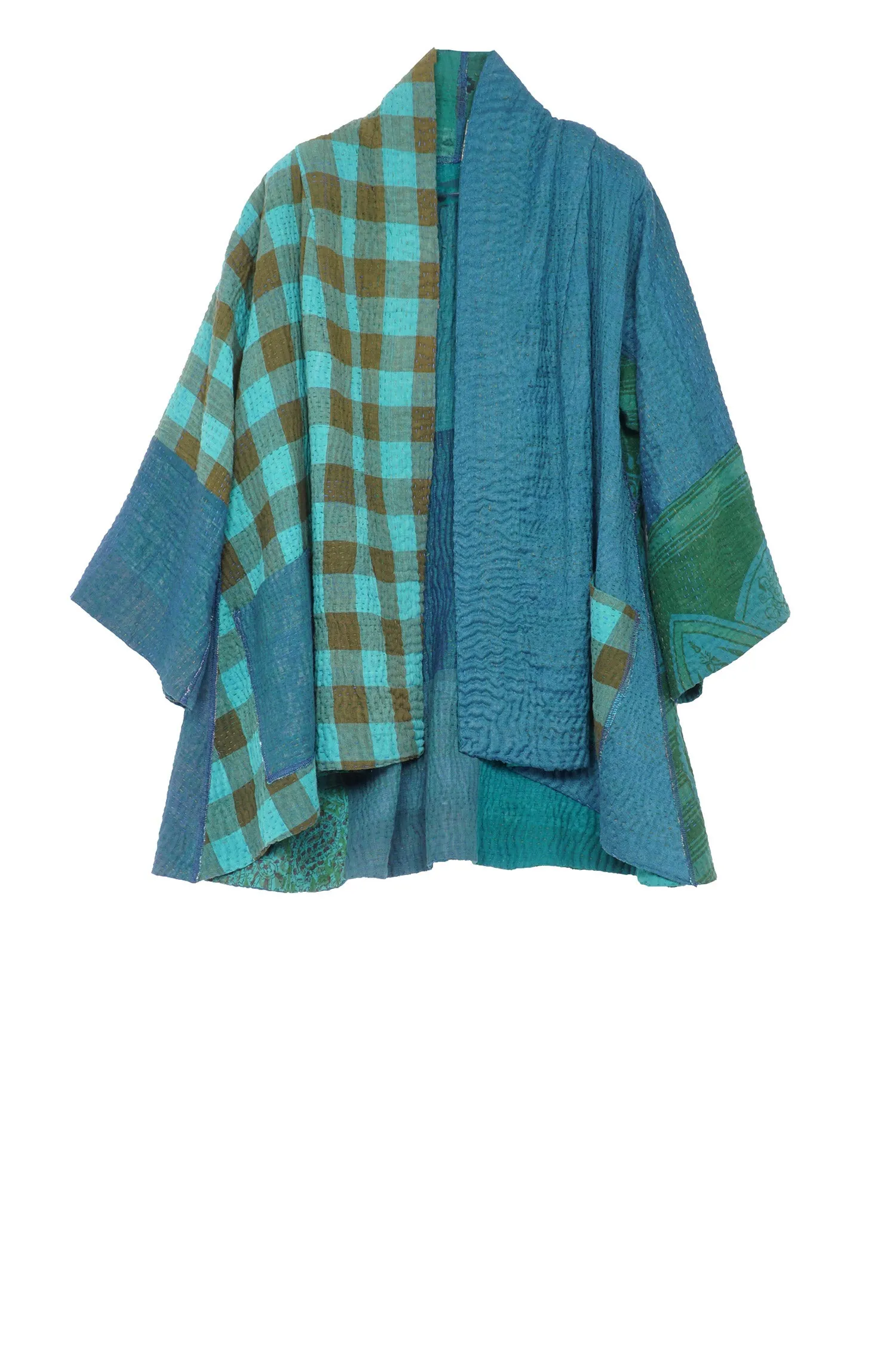 COTTON SILK SW PATCH KANTHA KIMONO JKT - ws4004-tel -