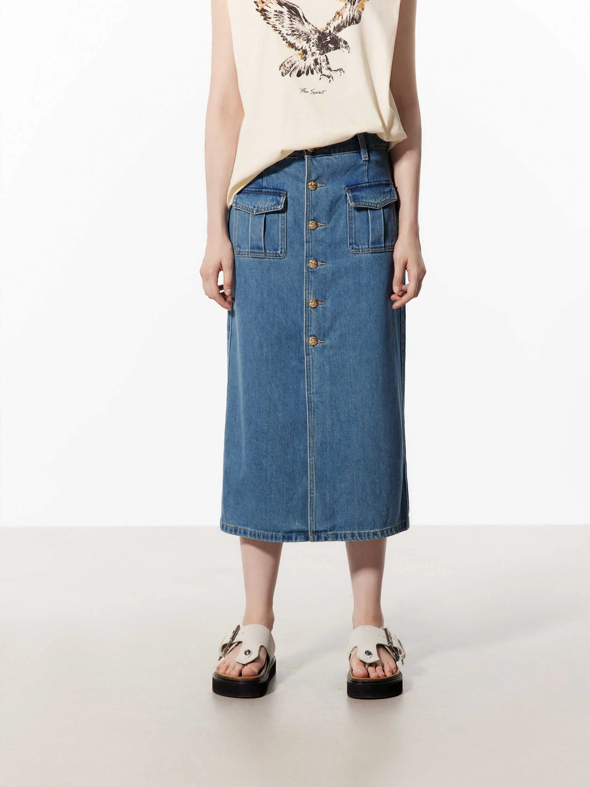 Cotton Slit Front Midi Skirt