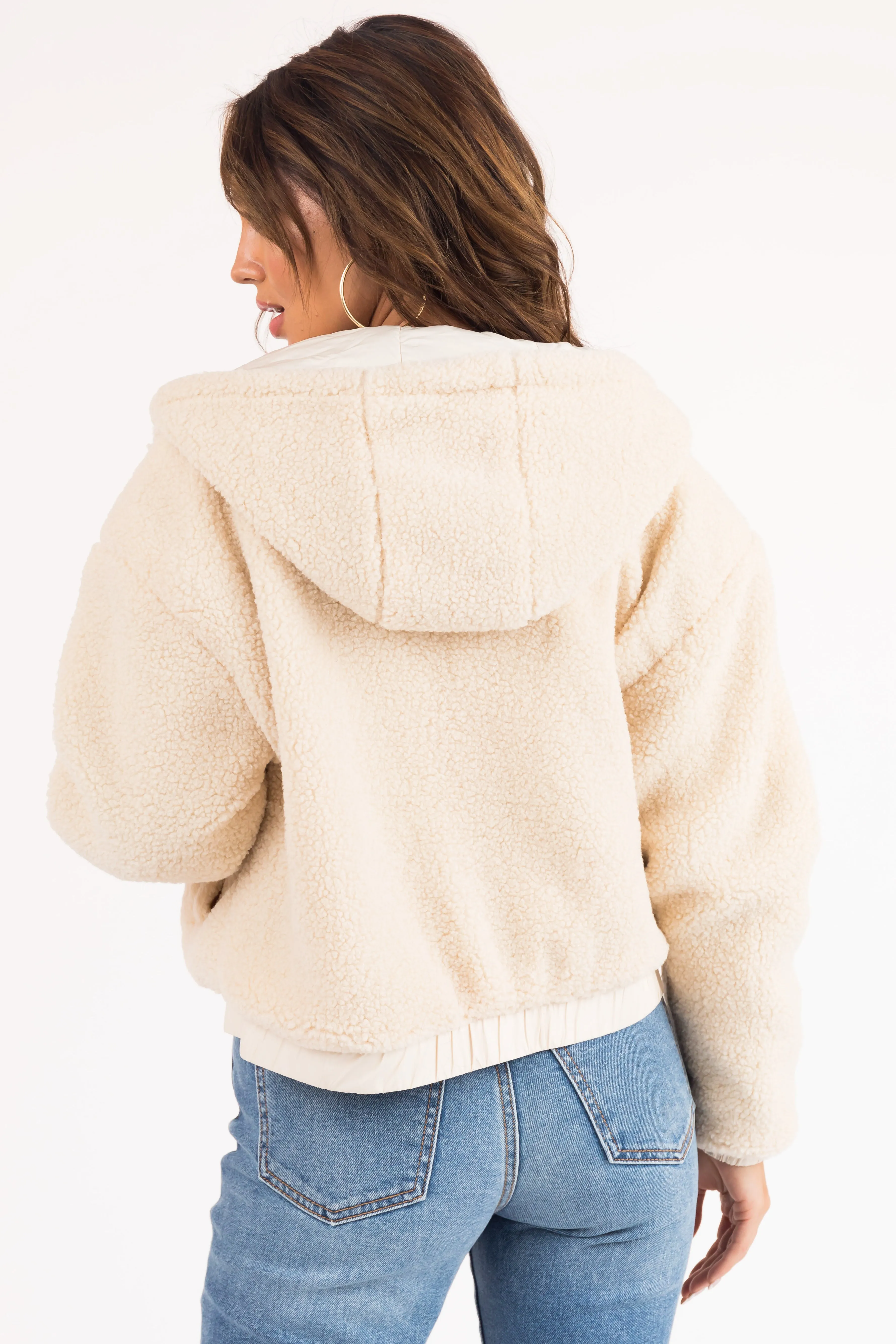 Cream Sherpa Zipper Hooded Jacket