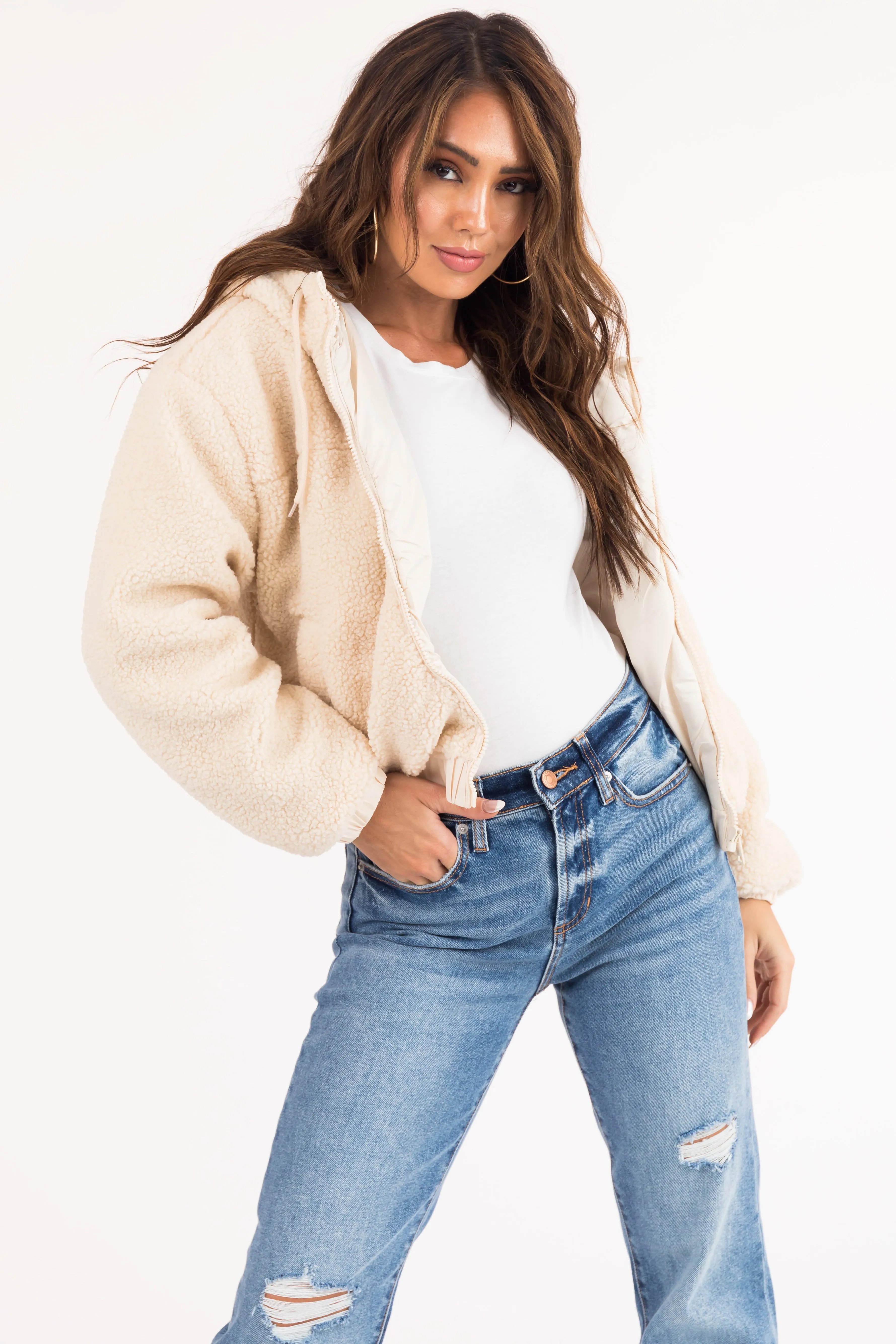 Cream Sherpa Zipper Hooded Jacket