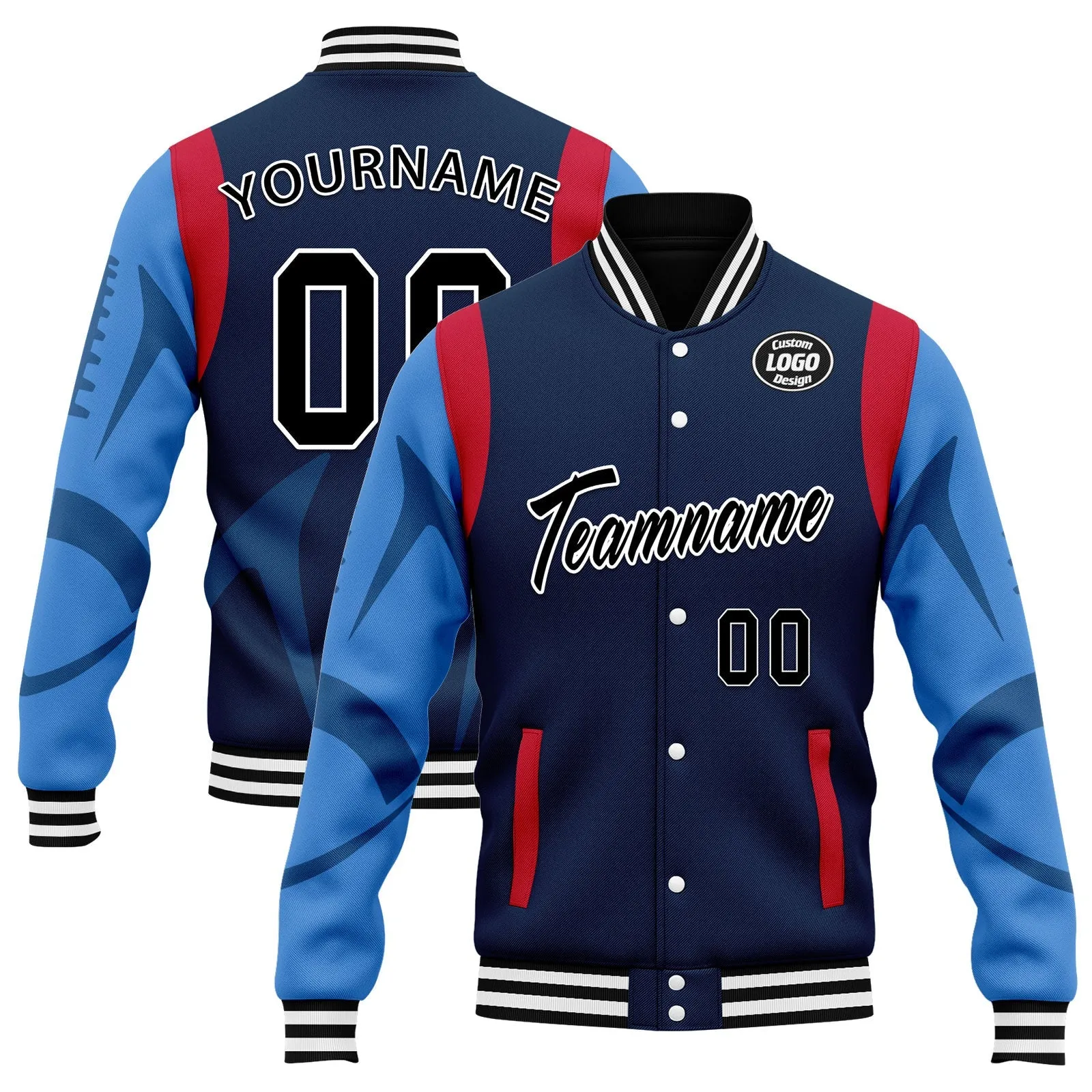 Custom Blue Tennessee Jacket Bomber Full-Snap Varsity Letterman Personalized Jacket FZ005-D025004-32