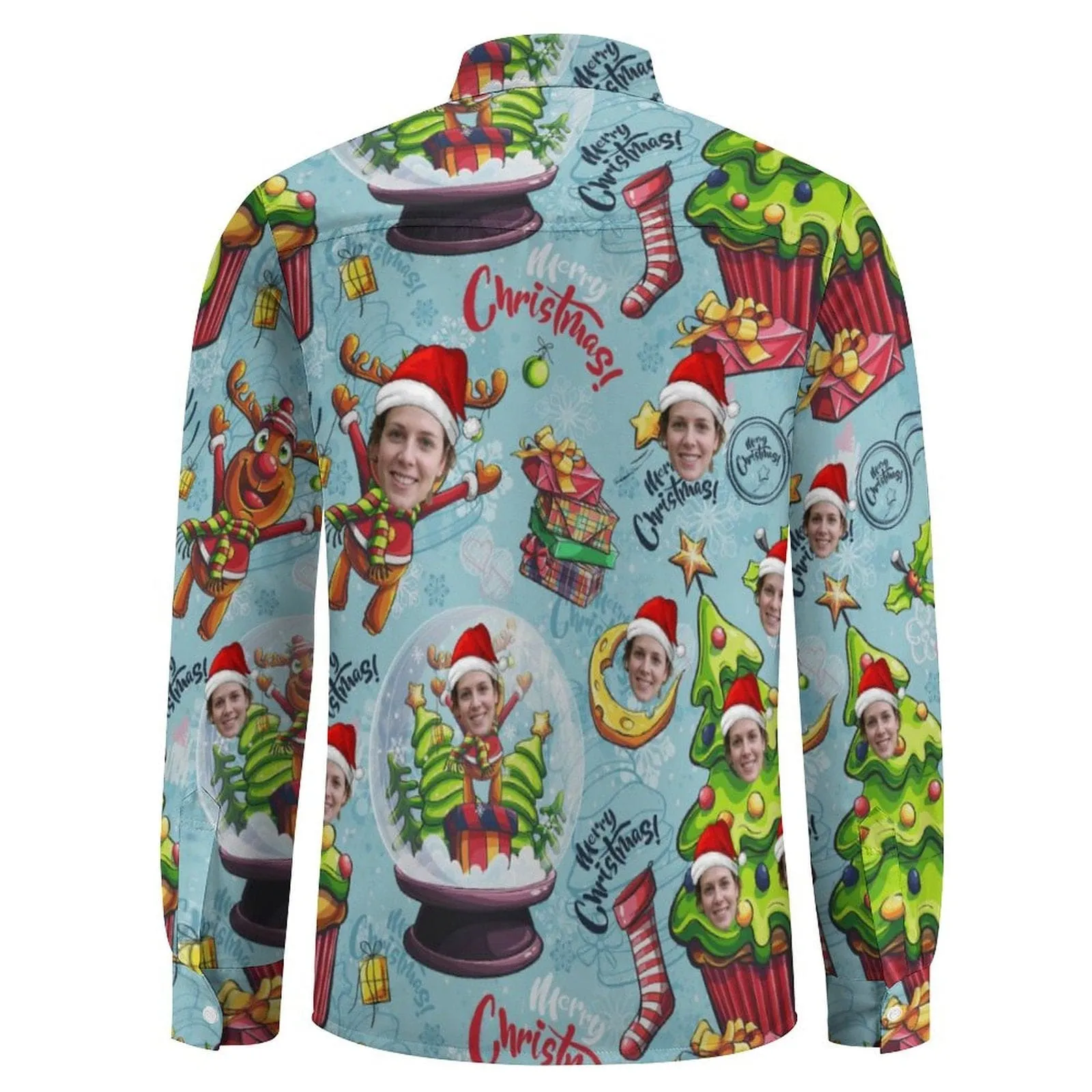 Custom Face Christmas Tree Socks Gift Hawaiian Shirts Men's Long Sleeve Shirt Personalized Face Shirt Gift for Him