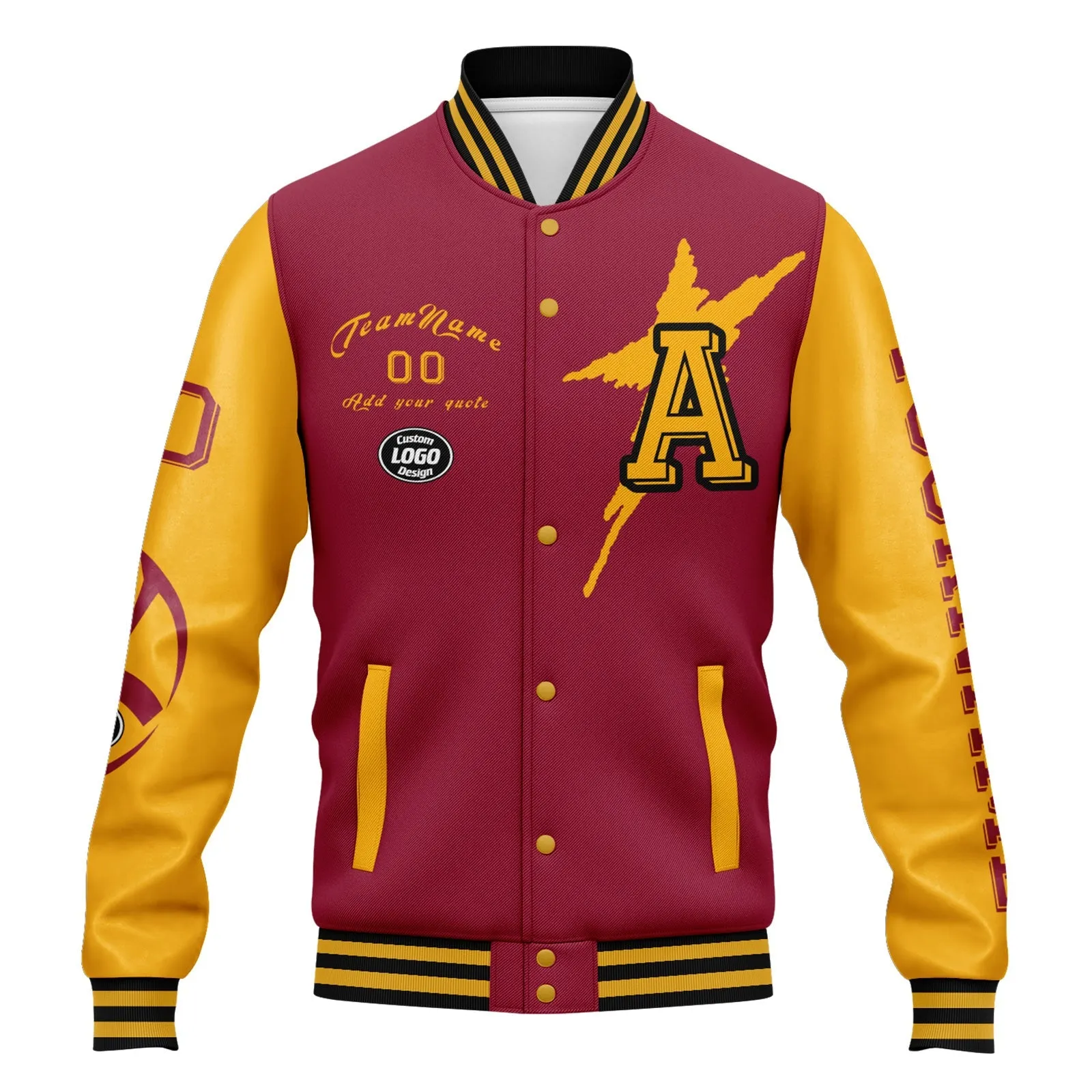 Custom Red Yellow Arizona Jacket Bomber Full-Snap Varsity Letterman Personalized Jacket FZ005SX-D020290-1