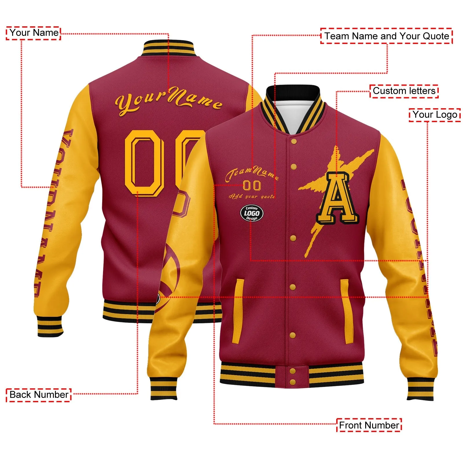 Custom Red Yellow Arizona Jacket Bomber Full-Snap Varsity Letterman Personalized Jacket FZ005SX-D020290-1