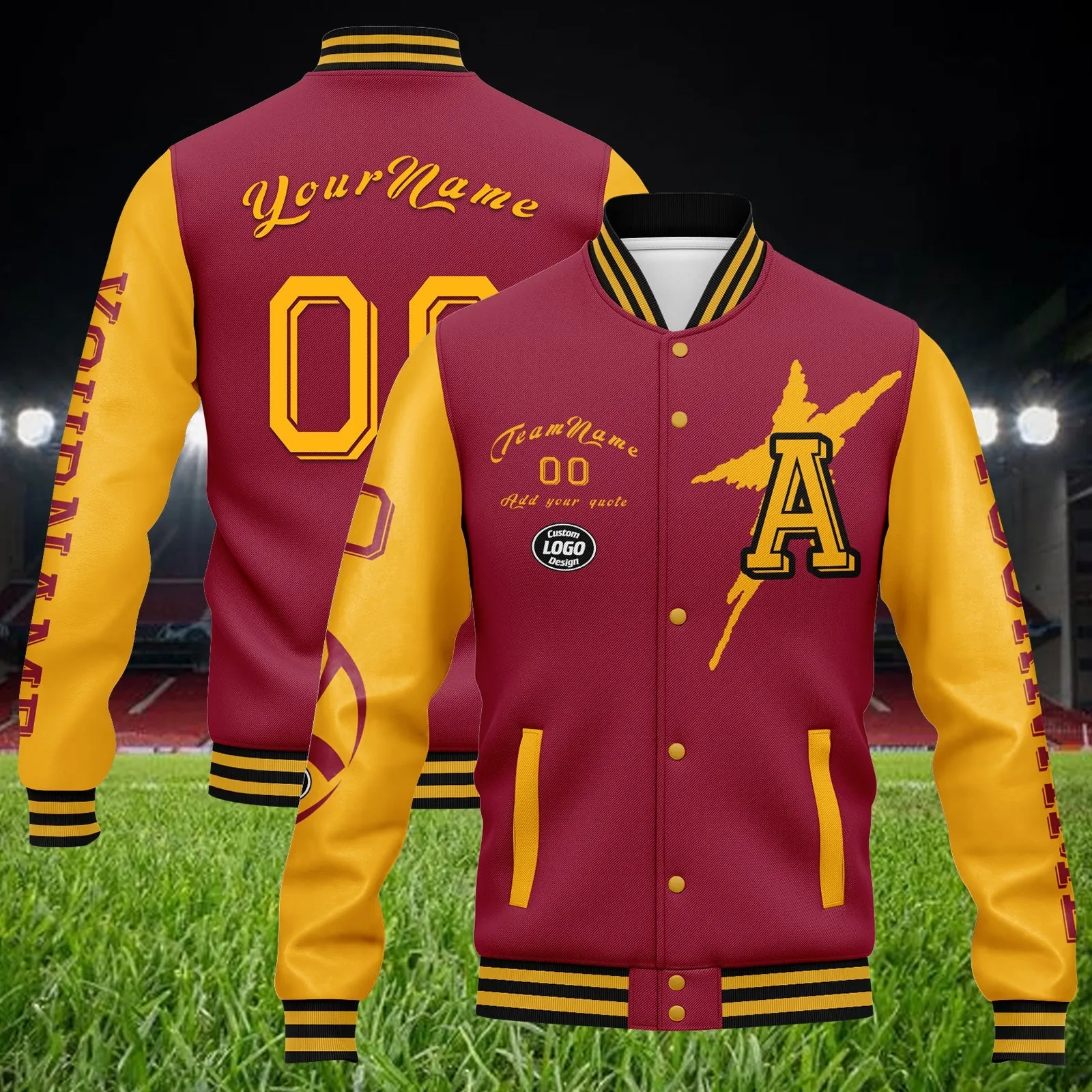 Custom Red Yellow Arizona Jacket Bomber Full-Snap Varsity Letterman Personalized Jacket FZ005SX-D020290-1