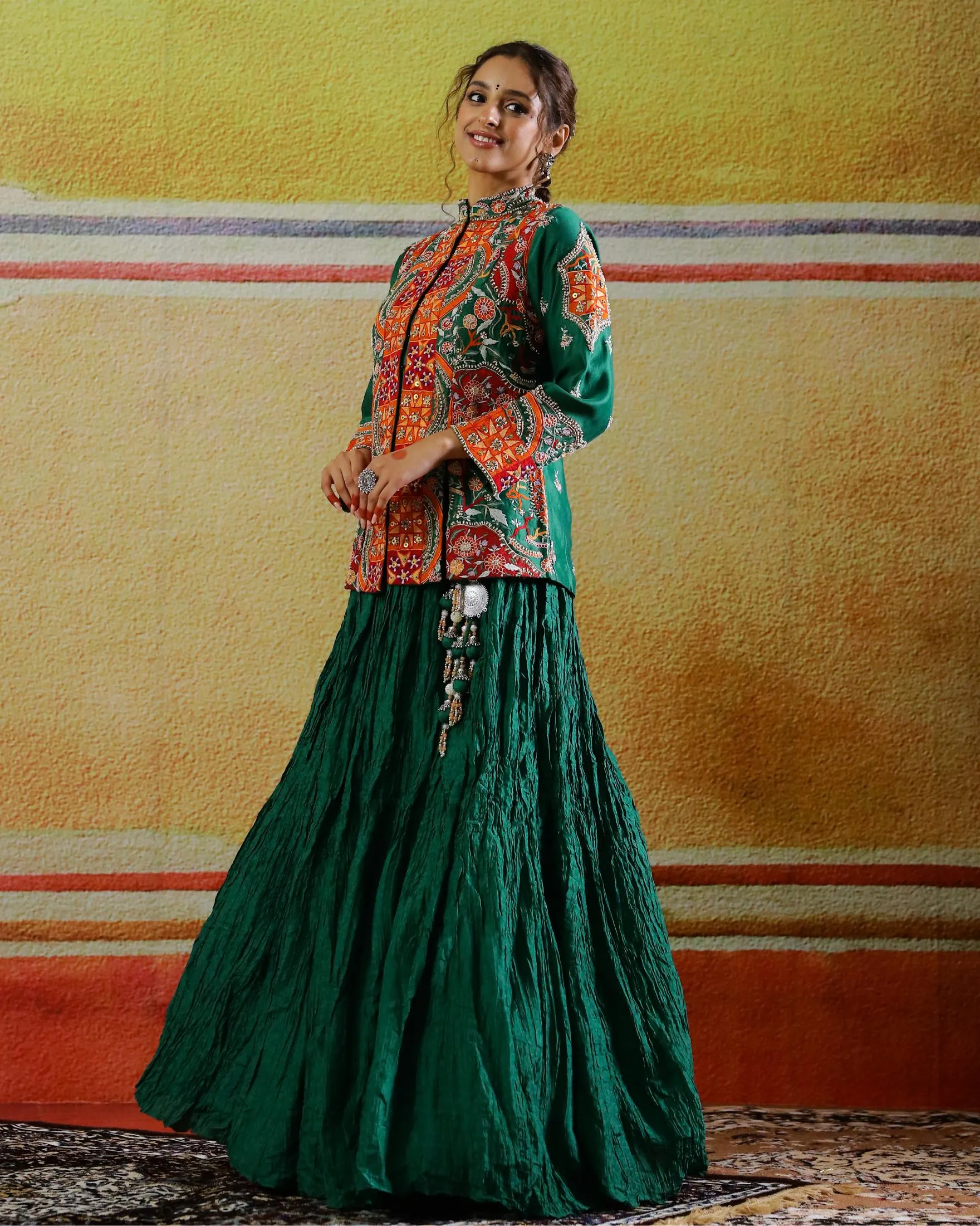 Dark Green Embroidered Raw Silk Skirt with Jacket