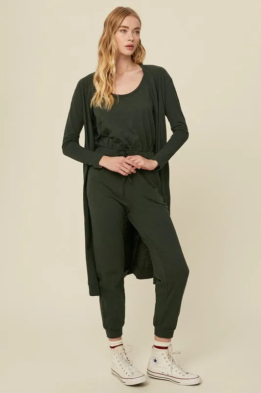 Deep Green Textured Jumpsuit And Long Cardigan Knit Sets