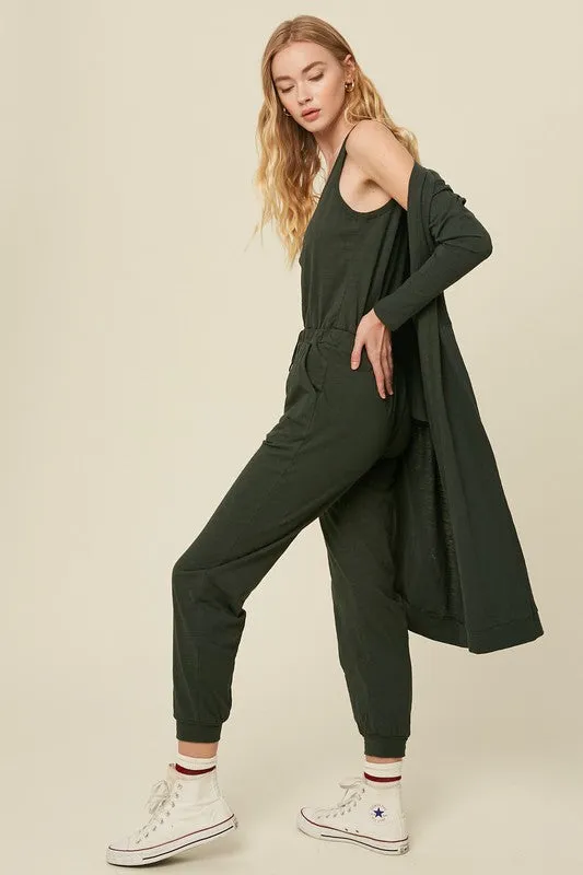 Deep Green Textured Jumpsuit And Long Cardigan Knit Sets