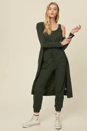 Deep Green Textured Jumpsuit And Long Cardigan Knit Sets