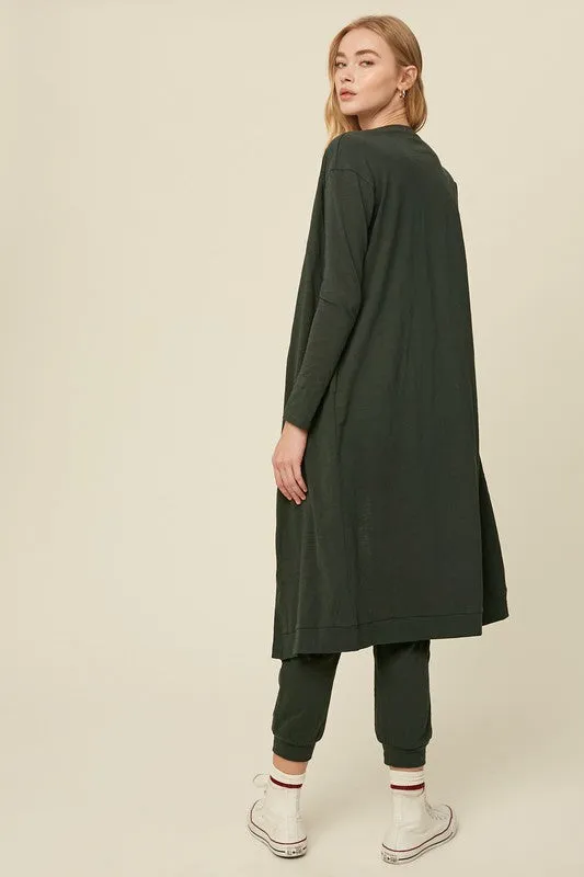 Deep Green Textured Jumpsuit And Long Cardigan Knit Sets