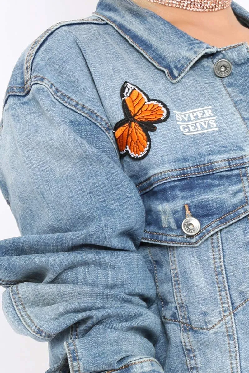 Denim Applique and Slogan Jacket - Idia