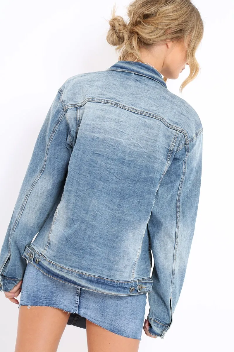 Denim Applique and Slogan Jacket - Idia