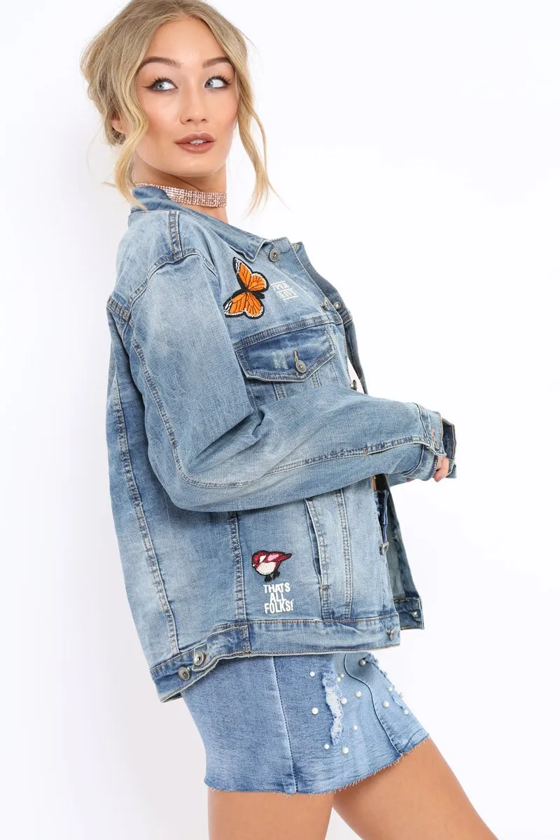 Denim Applique and Slogan Jacket - Idia