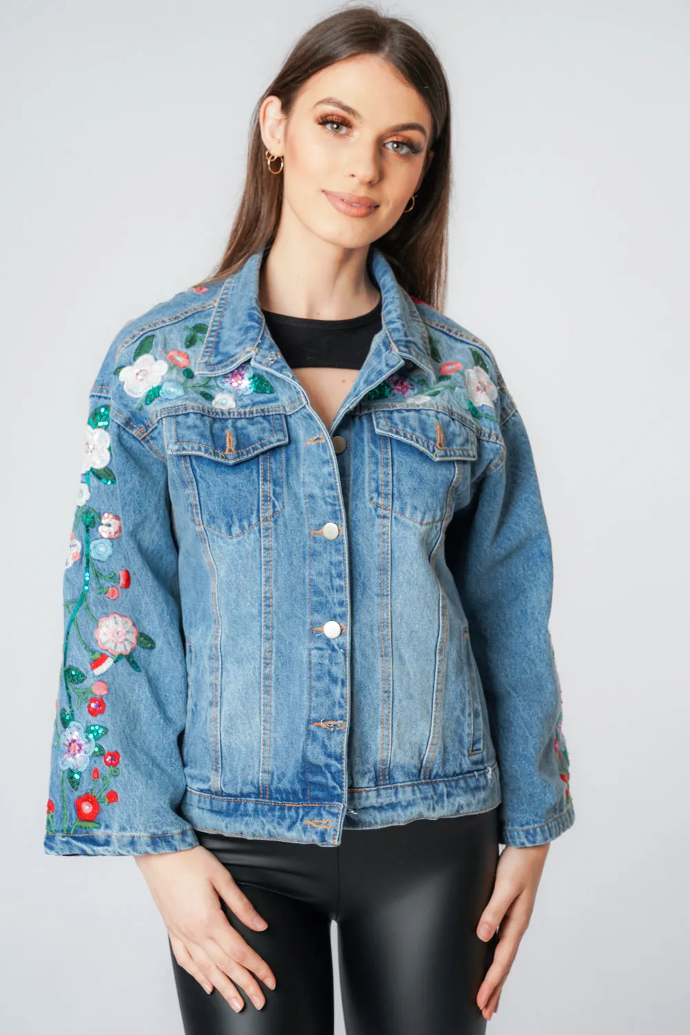 Denim Blue Floral Embroidery Flare Sleeve Jacket