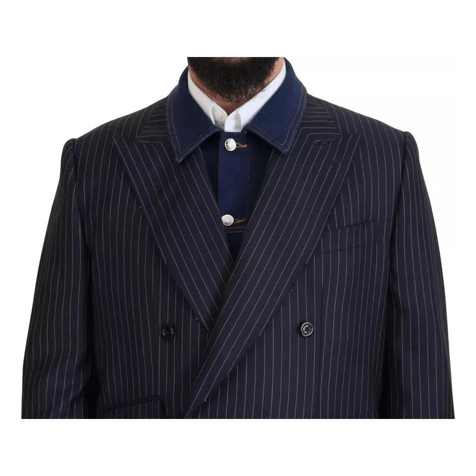 Dolce & Gabbana Blue Striped Double Breasted Denim Blazer