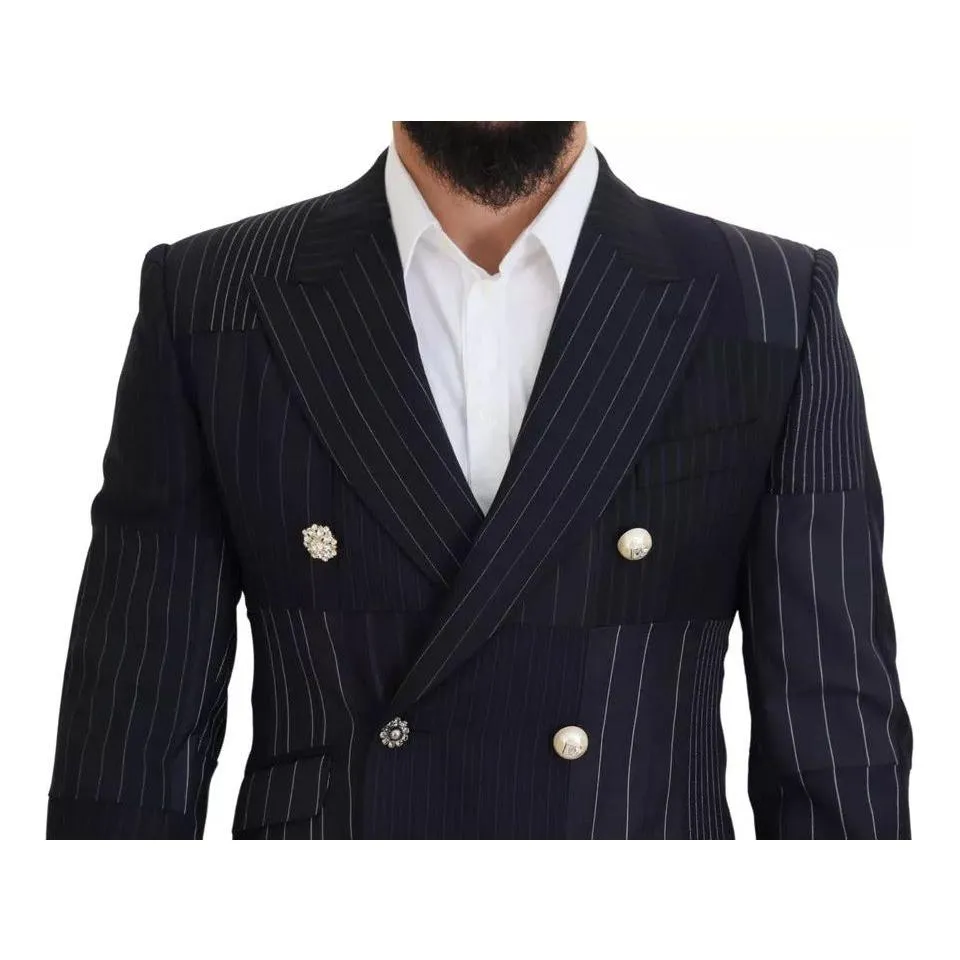 Dolce & Gabbana Blue Wool Patchwork Double Breasted Blazer