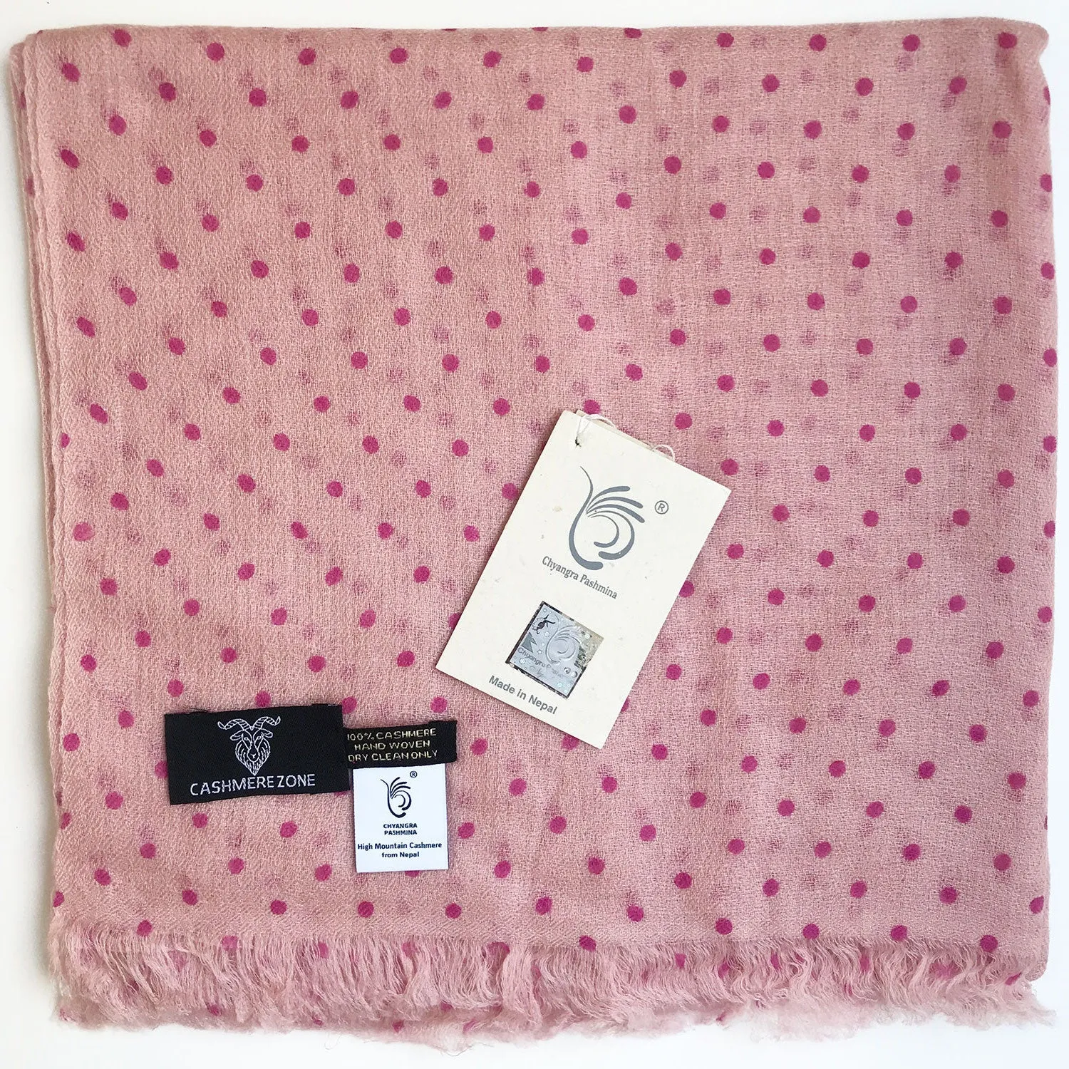 Dot Print Diamond Weave Pure Pashmina Shawl Pink