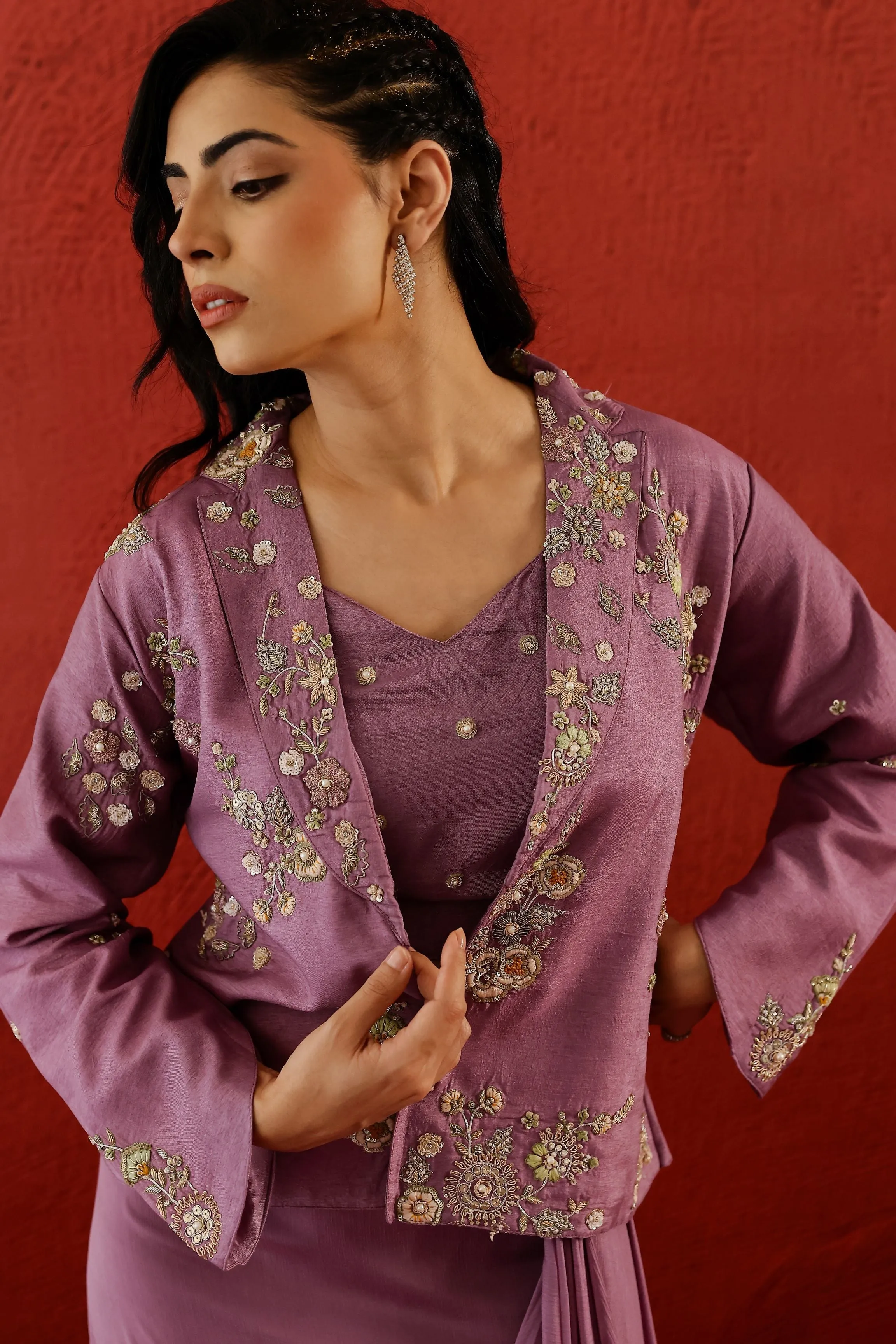 Dusky Pink Embroidered Belgium Silk Jacket & Skirt Set