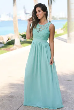 Dusty Mint Crochet Maxi Dress with Open Back