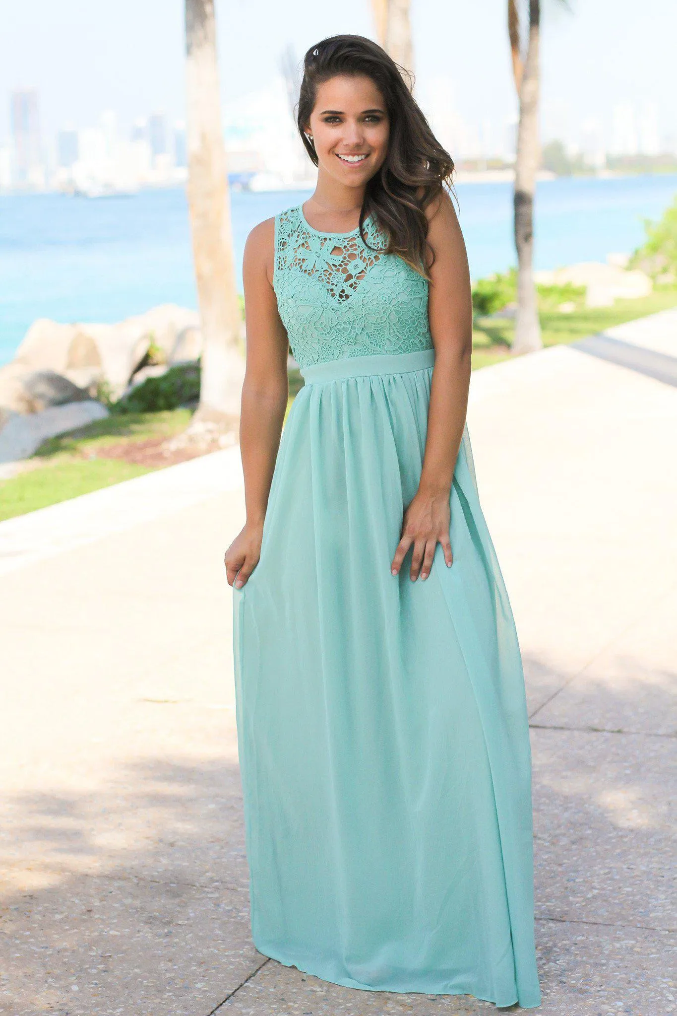 Dusty Mint Crochet Maxi Dress with Open Back