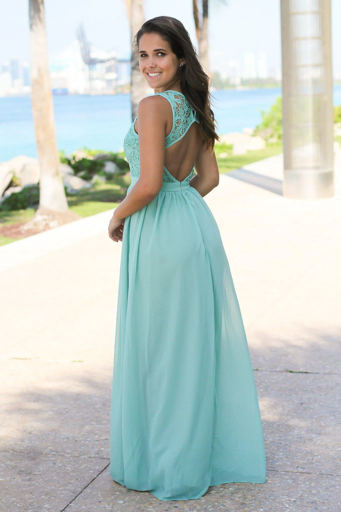 Dusty Mint Crochet Maxi Dress with Open Back