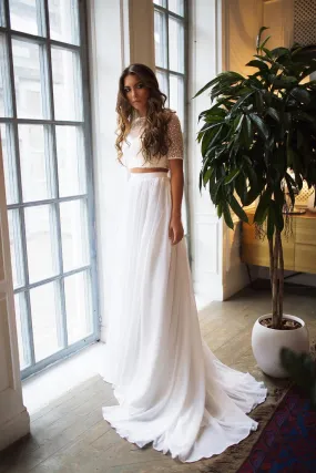 Elegant Chiffon Wedding Skirt and Top with Short Sleeves