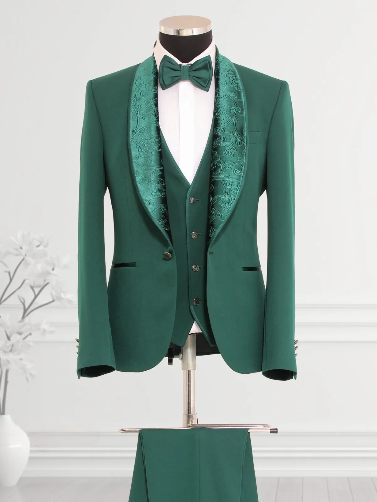 Embroidered Shawl Lapel Collar Green Tuxedo