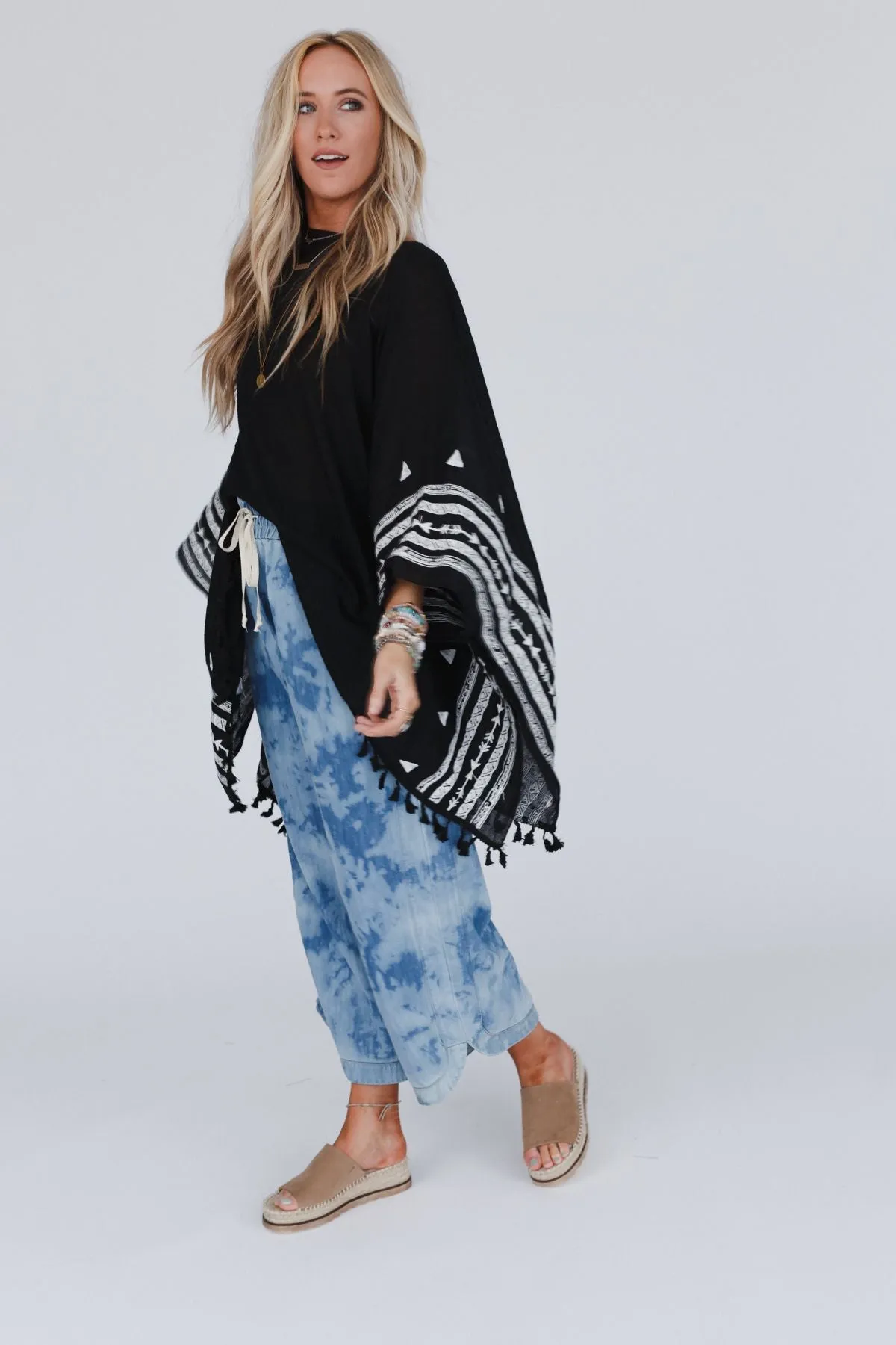 Fallon Embroidered Sleeve Tassel Poncho - Black