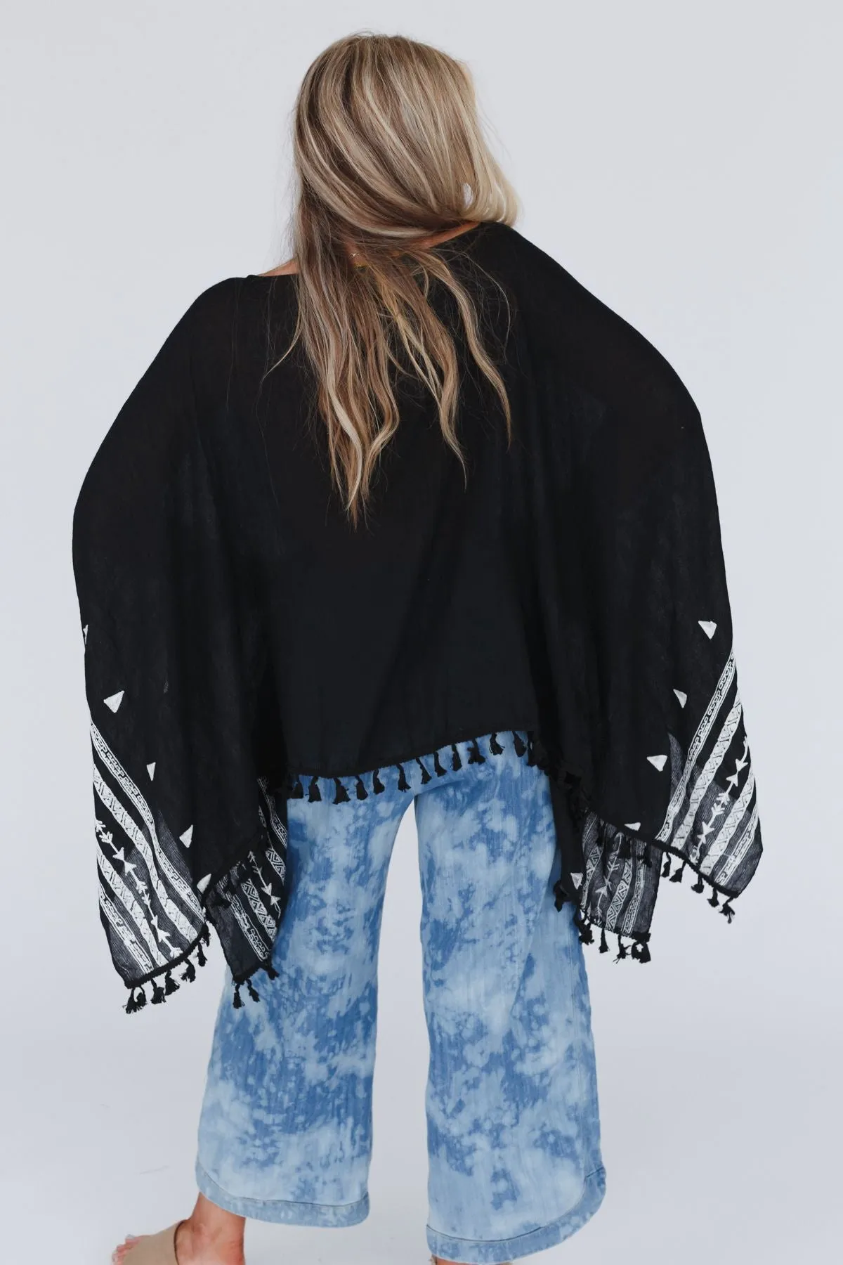 Fallon Embroidered Sleeve Tassel Poncho - Black