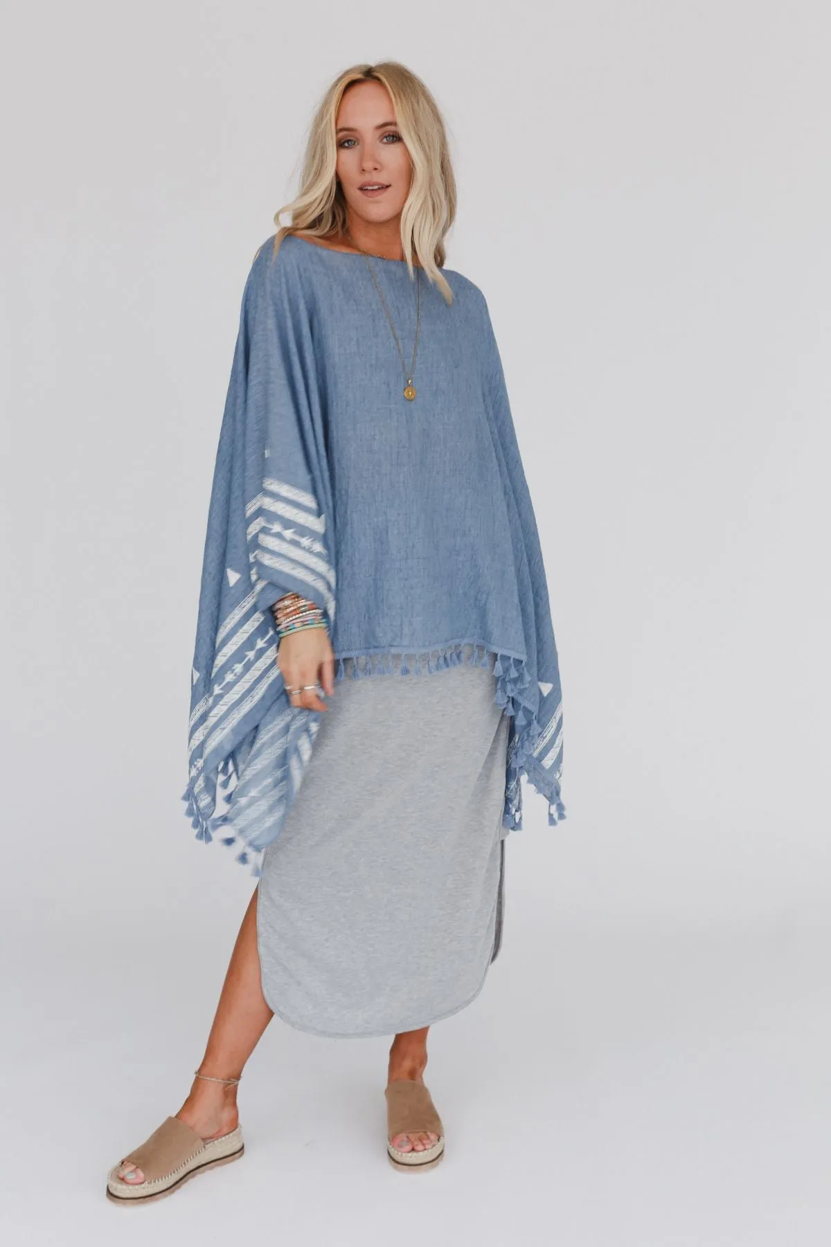 Fallon Embroidered Sleeve Tassel Poncho - Blue