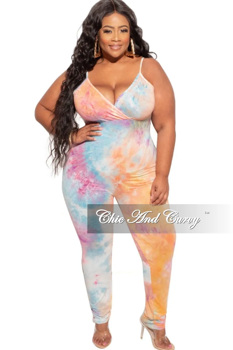 Final Sale Plus Size 2-Piece Duster & Spaghetti Strap Jumpsuit Set in Rainbow Sherbet Print