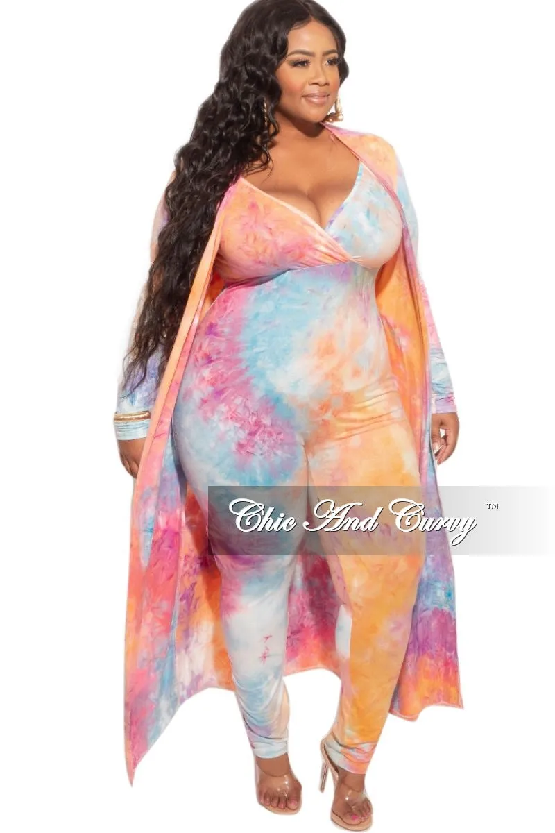 Final Sale Plus Size 2-Piece Duster & Spaghetti Strap Jumpsuit Set in Rainbow Sherbet Print