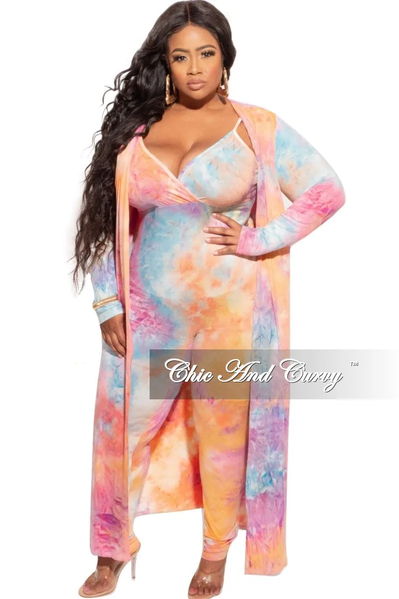 Final Sale Plus Size 2-Piece Duster & Spaghetti Strap Jumpsuit Set in Rainbow Sherbet Print