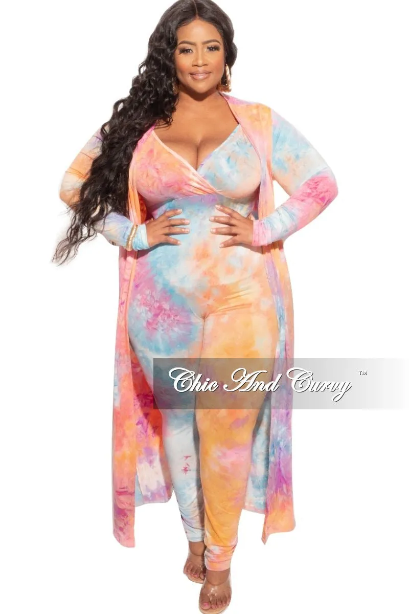 Final Sale Plus Size 2-Piece Duster & Spaghetti Strap Jumpsuit Set in Rainbow Sherbet Print