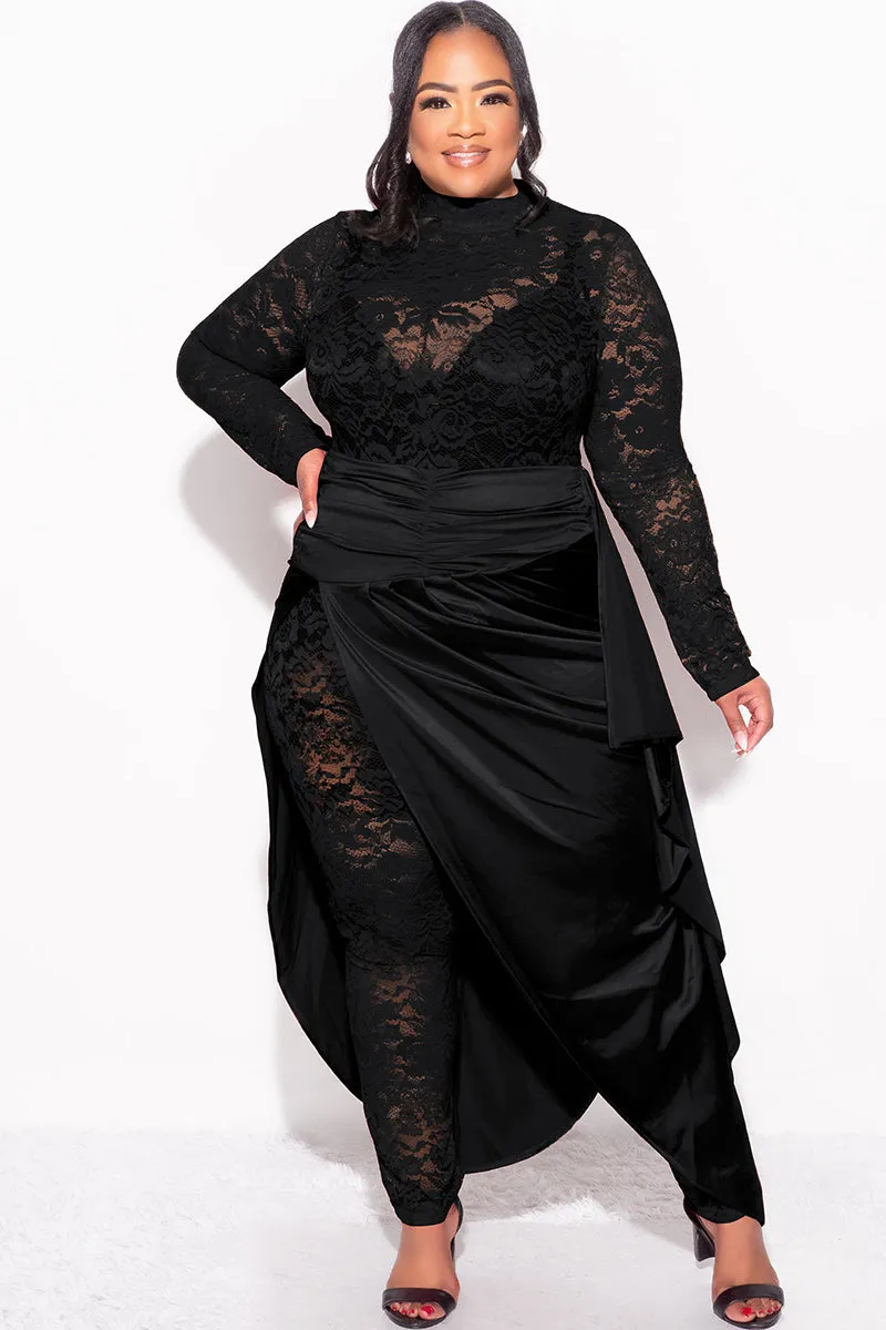 Final Sale Plus Size 2pc Lace Jumpsuit Set with Satin Skirt in Black