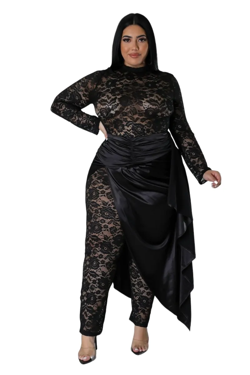 Final Sale Plus Size 2pc Lace Jumpsuit Set with Satin Skirt in Black