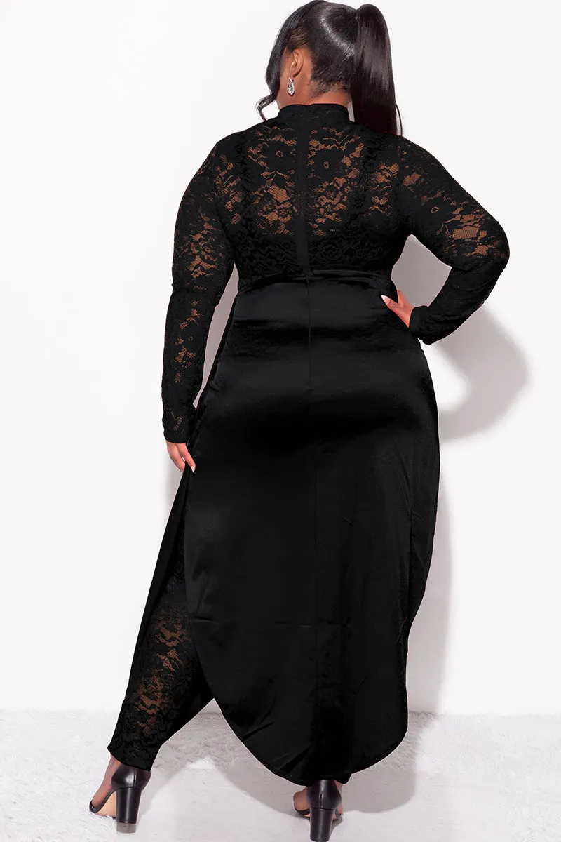 Final Sale Plus Size 2pc Lace Jumpsuit Set with Satin Skirt in Black